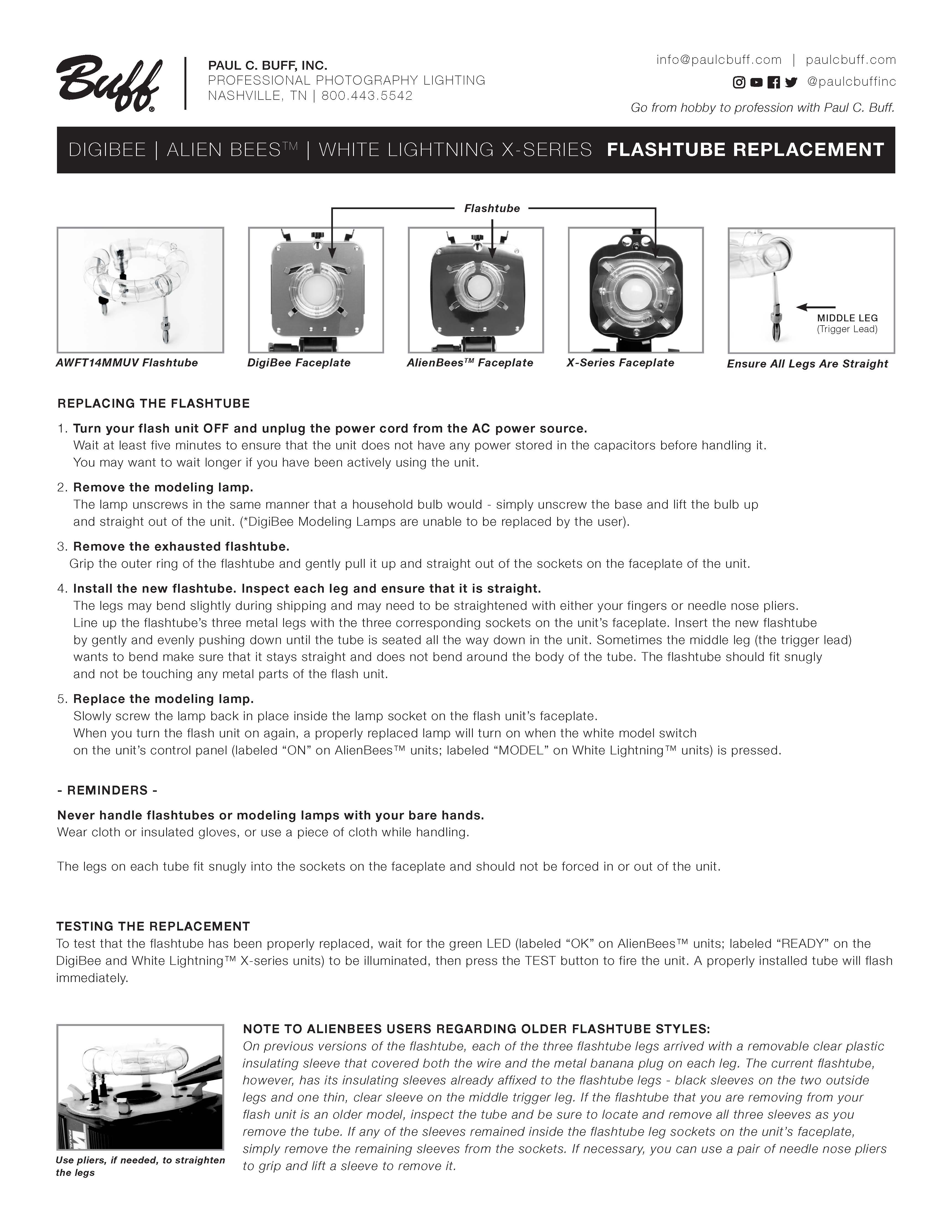 DigiBee and AlienBees and White Lightning Flashtube Replacement Instructions